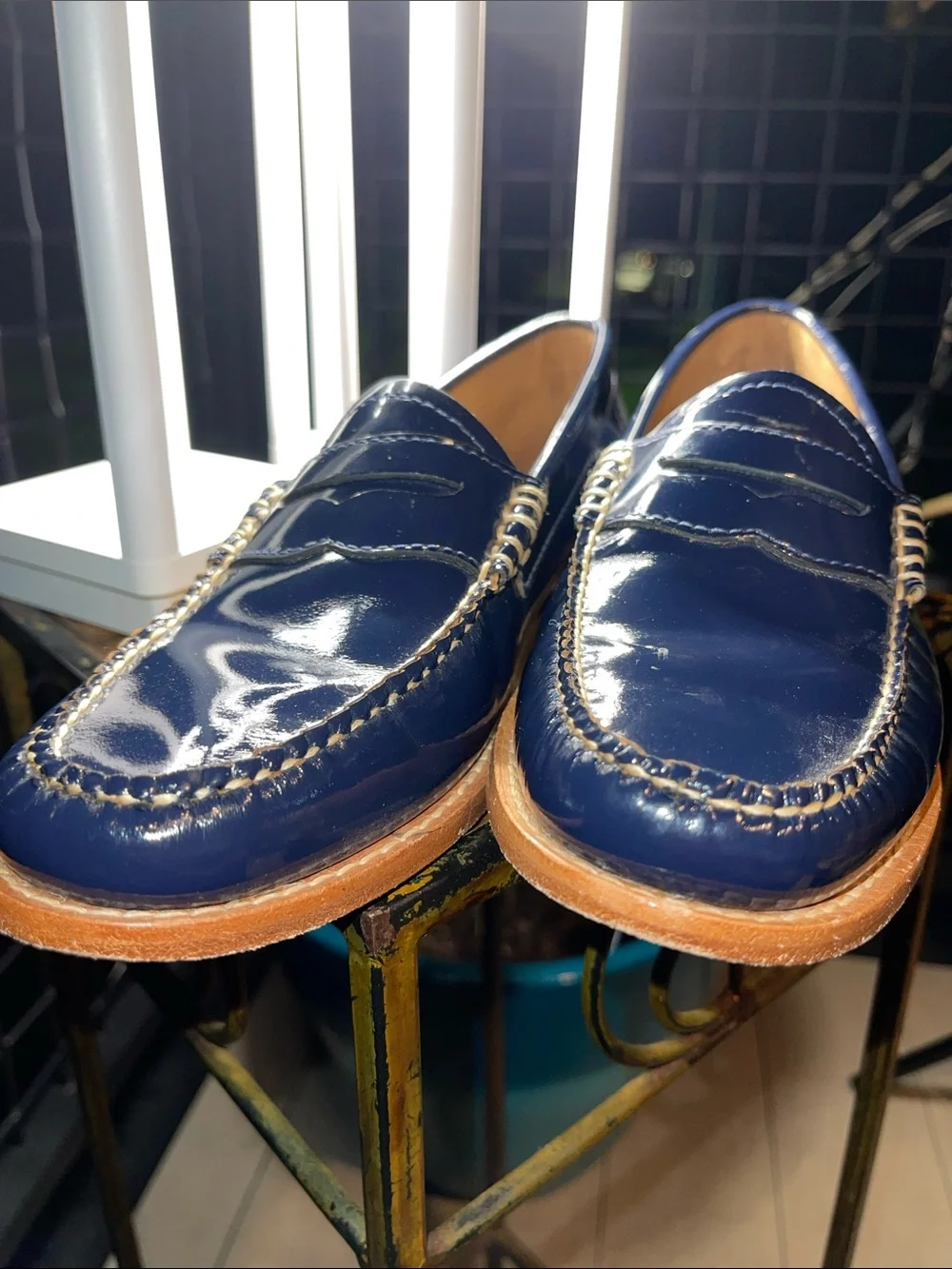 Weejuns G.H. Bass &Co Glossy Navy Penny Loafers with Tan Welt